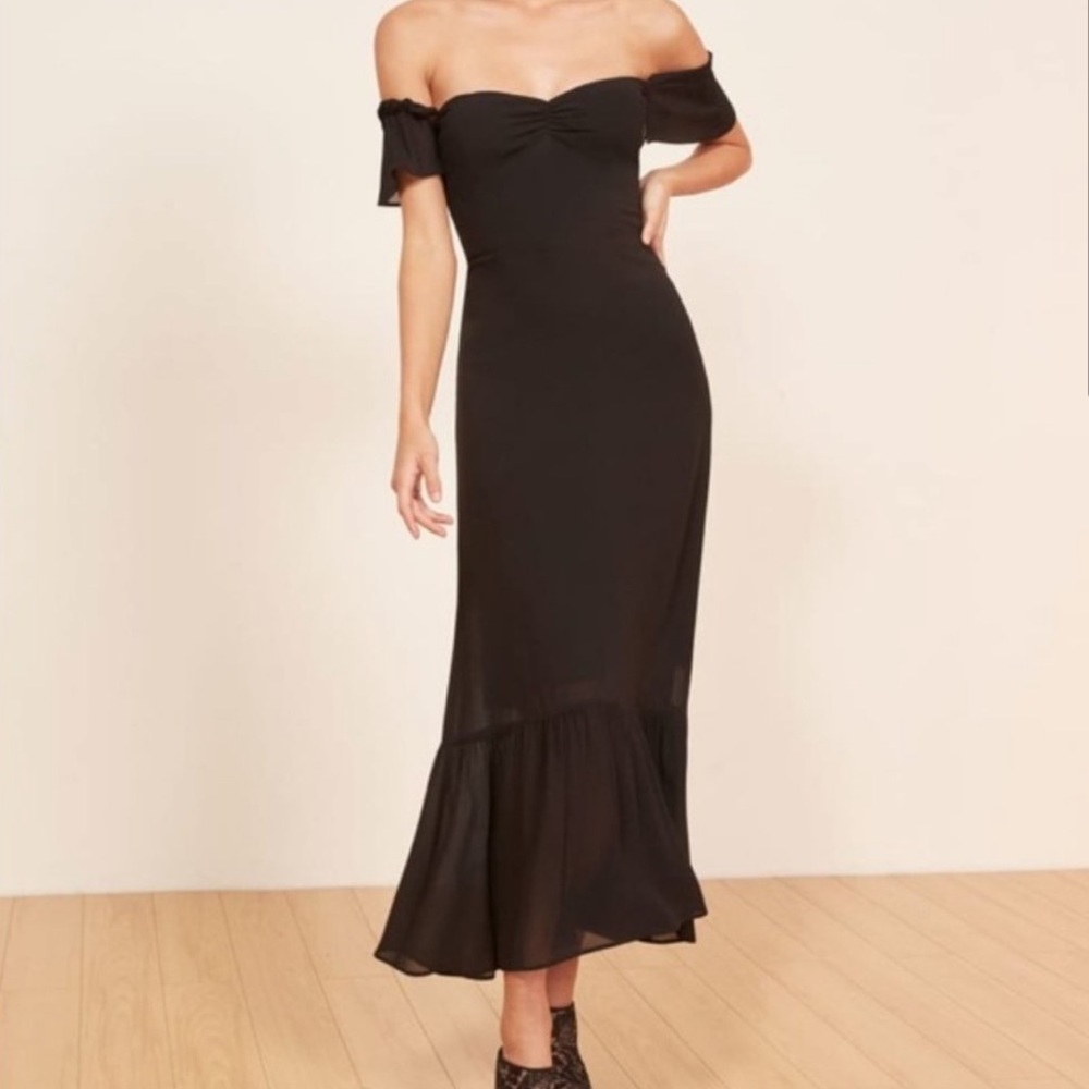 Reformation butterfly dress with off shoulder and ruffle hem